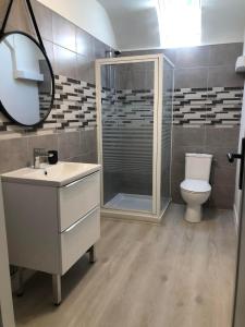a bathroom with a toilet and a sink and a mirror at Eden, F3 avec extérieur et parking in Ver-sur-Mer