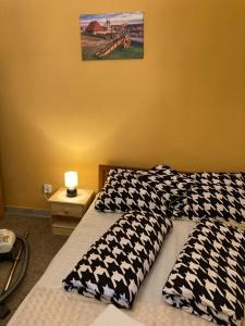 um quarto com 2 camas com almofadas pretas e brancas em Gabriella Apartman em Eger