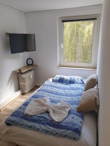 1 dormitorio con cama y ventana en Monteurwohnungen Santos Lerch, en Krefeld
