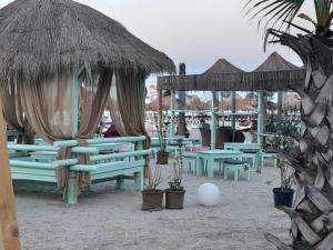 eine Gruppe von Stühlen und Sonnenschirmen an einem Strand in der Unterkunft Morsky in Năvodari + 17 Fotos