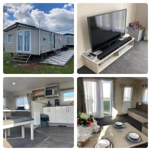 a collage of four pictures of a tiny house at Seaview Holiday Rentals in Whitstable