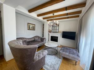 een woonkamer met een bank en een open haard bij Pupin Luxury Apartment in Ohrid