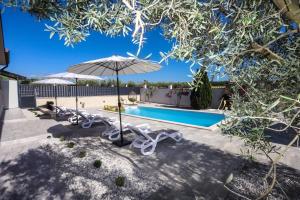 a swimming pool with an umbrella and lounge chairs next to it at Apartment Nina with private pool in Nova Vas