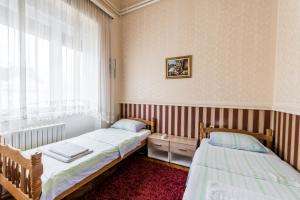 2 camas en una habitación con ventana en Apartment Panorama Central, en Novi Sad