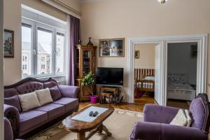 sala de estar con sofás morados y TV en Apartment Panorama Central en Novi Sad
