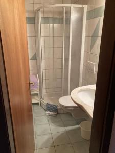 ein Bad mit einer Dusche, einem WC und einem Waschbecken in der Unterkunft Moserwirt Pension in Sankt Veit an der Glan