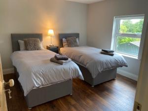 Rivers Town的住宿－Redhills Mohill，一间卧室设有两张床和窗户。