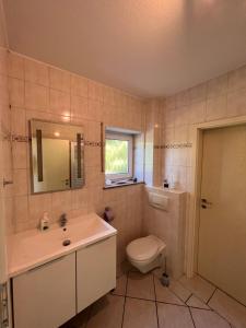a bathroom with a sink and a toilet and a mirror at Ferienwohnung zum Schauinslandweg in Neunkirchen +4 photos