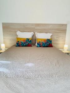 łóżko z dwoma poduszkami na górze w obiekcie Superbe Studio Ultra COSY à 2 min de la PLAGE w mieście Sainte-Anne