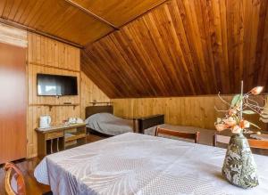 a room with a table and a bed and a tv at Pokoje Wilkasy in Wilkasy