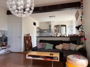 a living room with a black couch and a chandelier at Joli appartement F2 centre ville de Corte in Corte