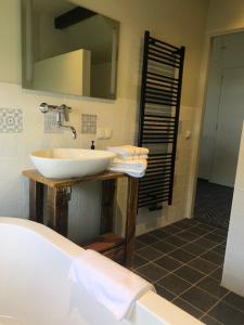 een badkamer met een witte wastafel en een spiegel bij B&B De Beijersche Stee , Logies in de Wagenschuur in Stolwijk