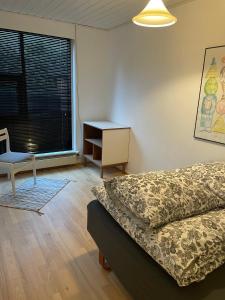 Schlafzimmer mit einem Bett, einem Schreibtisch und einem Fenster in der Unterkunft Feriehus-Gammel Byvej, Vrensted in Løkken