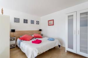 Schlafzimmer mit einem Bett mit roten und blauen Kissen in der Unterkunft Studio du Maréchal in Sainte-Foy-lès-Lyon