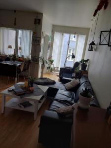 uma sala de estar com um sofá preto e uma mesa em Shared apartment, Down Town Oslo, Osterhaus'gate 10 em Oslo