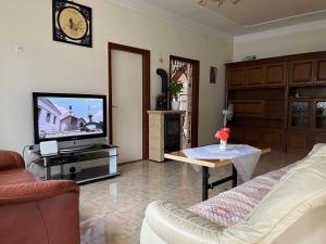 uma sala de estar com um sofá e uma televisão em Rose Garden em Siófok