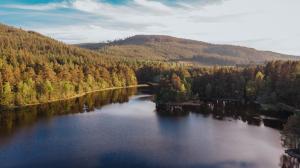una vista aérea de un lago en medio de un bosque en The Queen's Hut, en Aboyne