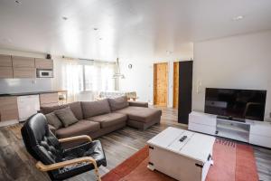Una sala de estar con un sofá y un televisor. en Villa Saananjuuri, en Kilpisjärvi