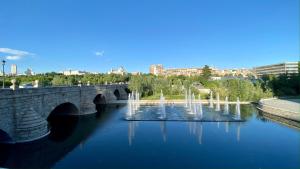 un puente con fuentes de agua en un río en Centrally located duplex: Madrid Río-Palacio Real LINNEO en Madrid