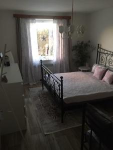 um quarto com uma cama com almofadas cor-de-rosa e uma janela em Domeček u Marcelky em Ruprechtice