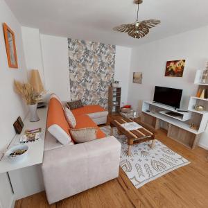 uma sala de estar com um sofá e uma televisão em Le Chant de l'Alyte em Lens-Lestang