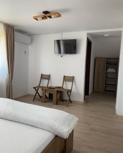 a bedroom with a table and two chairs and a television at Vila San Nicoara in Curtea de Argeş