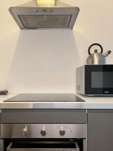 kuchnia z kuchenką mikrofalową i kuchenką górny piekarnik w obiekcie Villa des Thermes - T3 w mieście Royat