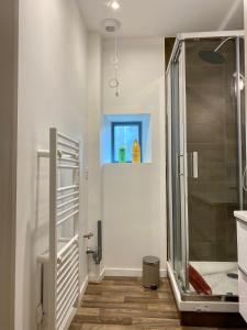 uma casa de banho com uma cabina de duche em vidro e uma janela azul em Villa des Thermes - T3 em Royat