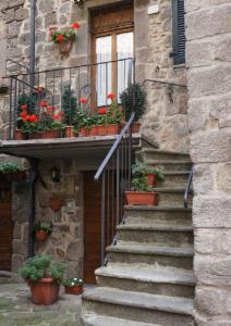 um edifício de pedra com vasos de plantas nas escadas em AFFITTACAMERE SANT'ANGELO em Abbadia San Salvatore