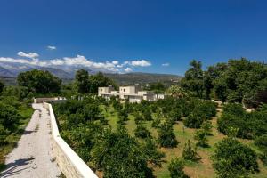 un campo de árboles con un edificio en el fondo en Villa Potami Nikos by Villa Plus en Stílos