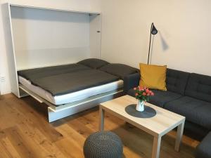 uma sala de estar com um sofá e uma mesa em Apartmán u sjezdovky em Filipovice