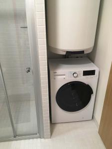 uma máquina de lavar roupa na casa de banho com um chuveiro em Apartmán u sjezdovky em Filipovice