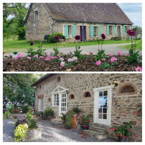 two pictures of a stone house with flowers at Gîtes du Castellare in Le Chalard