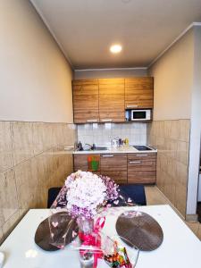 a kitchen with a table with flowers on it at Apartments Alf - Om in Banja Luka