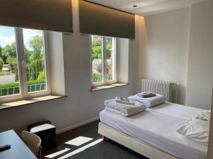 a bedroom with two beds and two windows at Maison Dispa in Walcourt