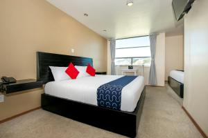 帕丘卡德索托的住宿－Hotel Euro Confort,Pachuca，一间卧室配有一张带红色枕头的大床