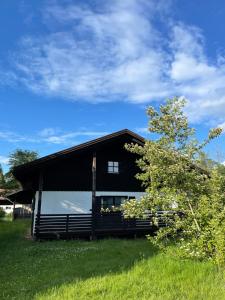 a black and white building in a field with a tree at Ferienhaus Regeneration bayerischer Wald in Regen