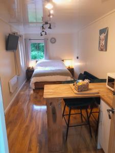 a bedroom with a bed and a desk with a table at The Cabin, Stronua. A beautiful 1 bedroom cabin. in Fort Augustus