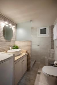 een badkamer met een wastafel, een toilet en een spiegel bij Le Centre Ville in Athene