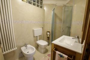 a bathroom with a toilet and a sink and a shower at Il Marangon in Prato Carnico +12 photos