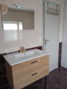 a bathroom with a white sink and a mirror at Gîte indépendant "Au merle chanteur" in Laramière