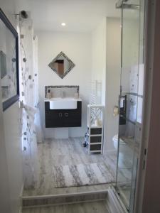 a bathroom with a sink and a glass shower at C'est la vie in Saint-Malo-des-Trois-Fontaines