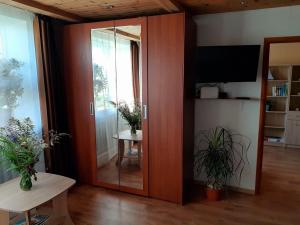 a room with a sliding glass door with a table and plants at Dzintaru 97 in Pāvilosta