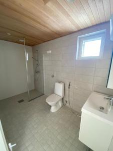 uma casa de banho com um WC, um chuveiro e um lavatório. em Apartment Adventure & Sea - Top Floor em Kalajoki