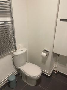 uma casa de banho branca com um WC e um rolo de papel higiénico em Studio Élysées em Paris