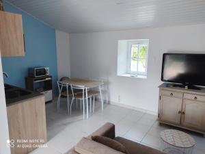 een woonkamer met een bank, een tv en een tafel bij Gîtes des Colombières & Spa in Saint-Maixent-sur-Vie