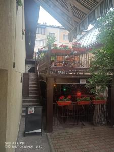 een gebouw met een trap en een balkon met bloemen bij Casa Lucescu in Vatra Dornei