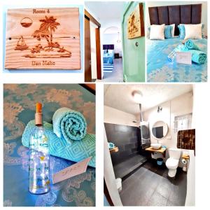 a collage of pictures of a room with a bottle of wine at La Koquillishe in Trou dʼ Eau Douce