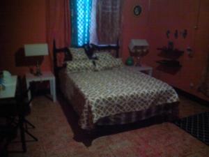 BUCKINGHAM VILLA -SUITES FULL KITCHEN-Rooms Variety في Buff Bay: غرفة نوم مع سرير وطاولتين مع مصابيح