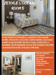ein Poster eines Zimmers mit einem Bett und einem Tisch in der Unterkunft La Koquillishe in Trou dʼ Eau Douce